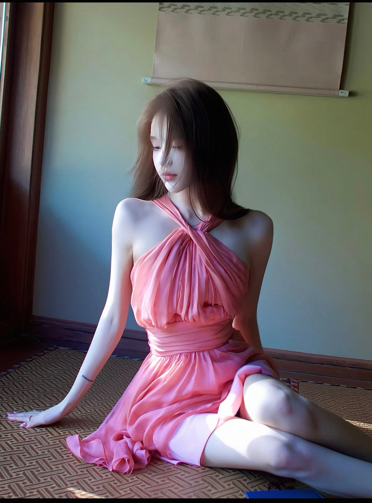 Coral elegant cross neck one piece soft dress
