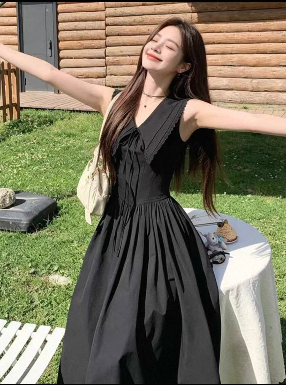 Black ribbon long one piece casual dress
