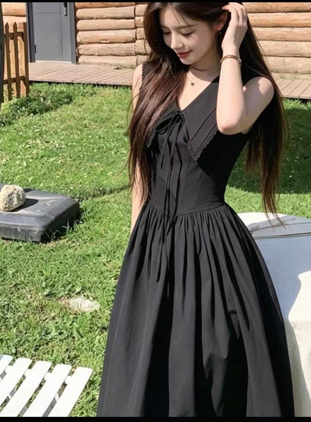 Black ribbon long one piece casual dress