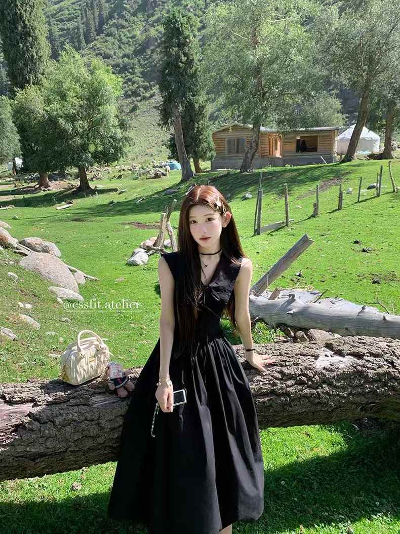Black ribbon long one piece casual dress
