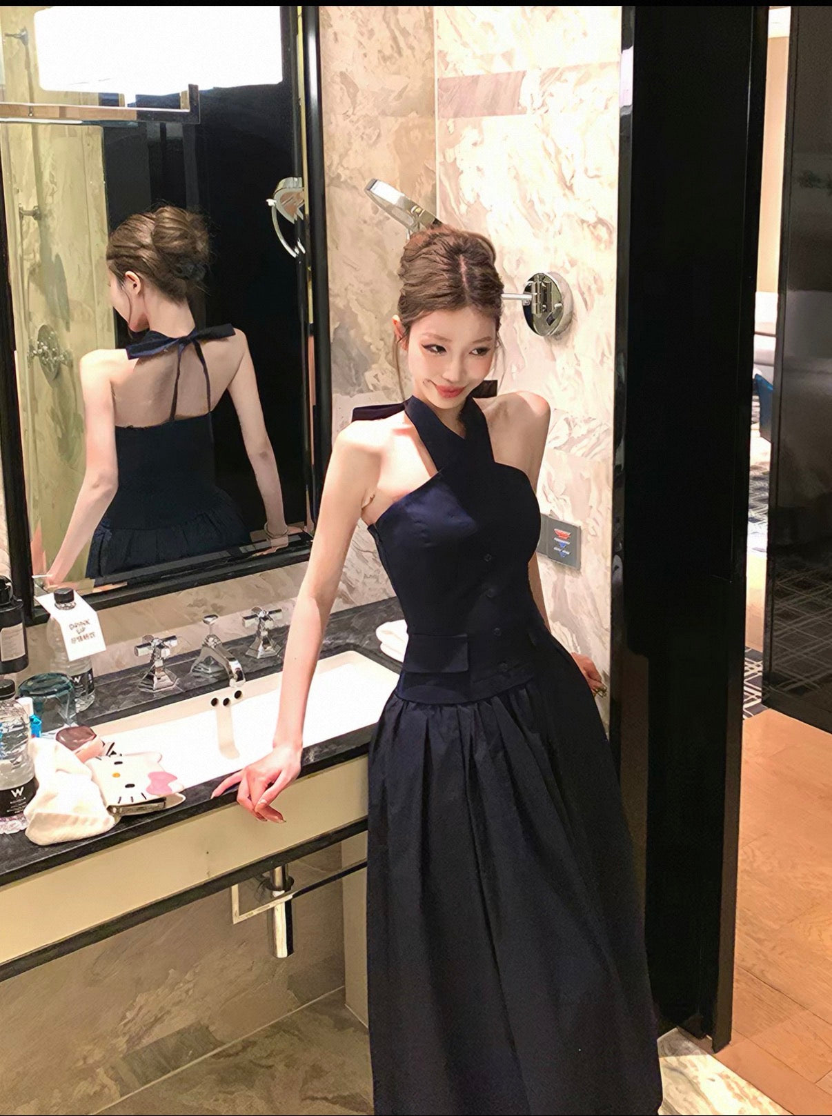 Black elegant cross over one piece formal dress