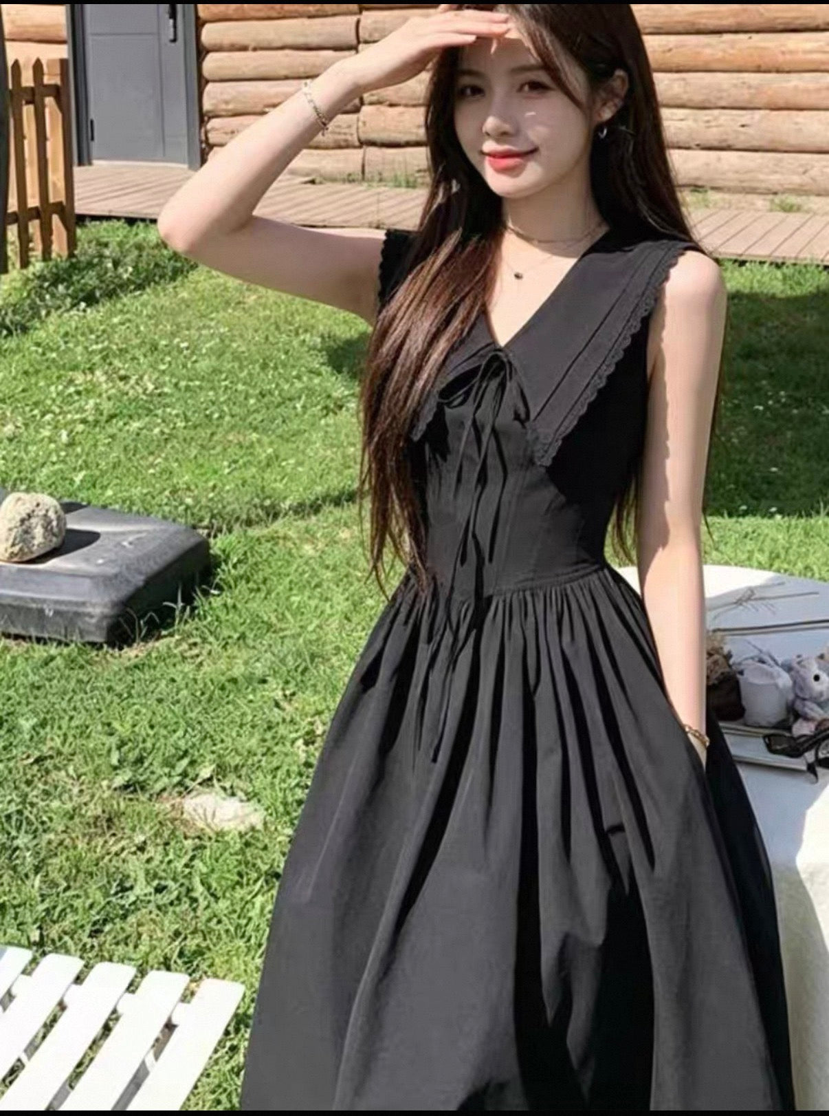 Black ribbon long one piece casual dress