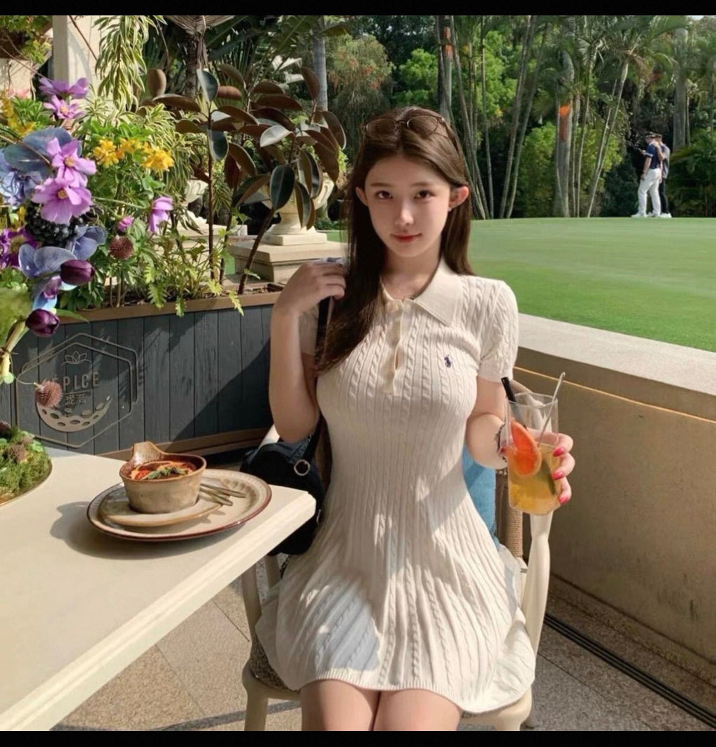 RL knitted cream short sleeve one piece dress