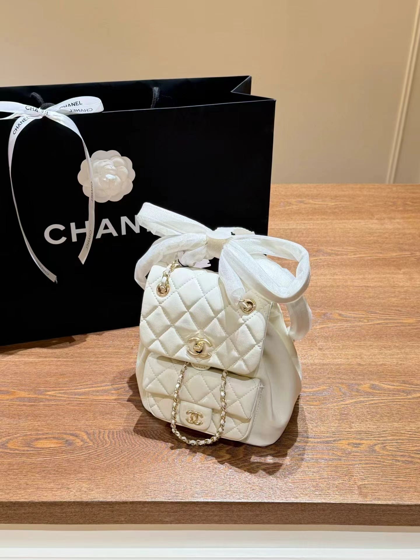 CC white leather cute backpack