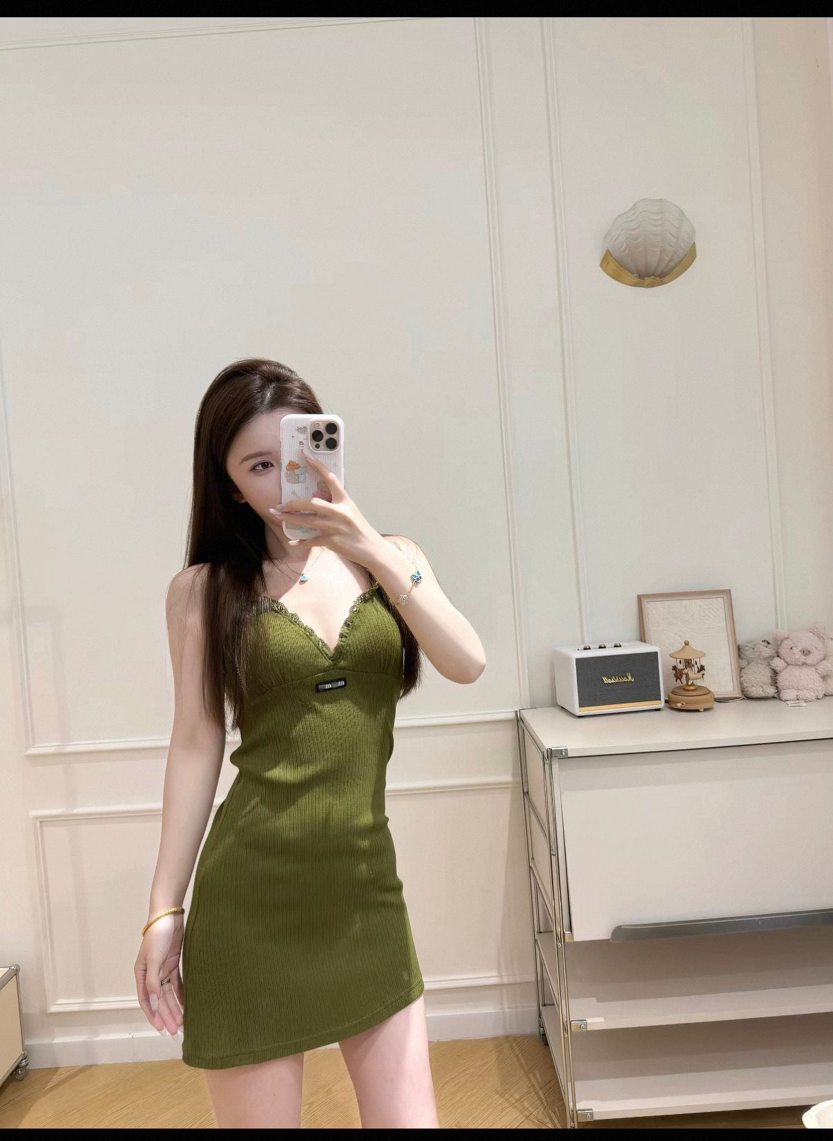 Green miu style one piece lace dress