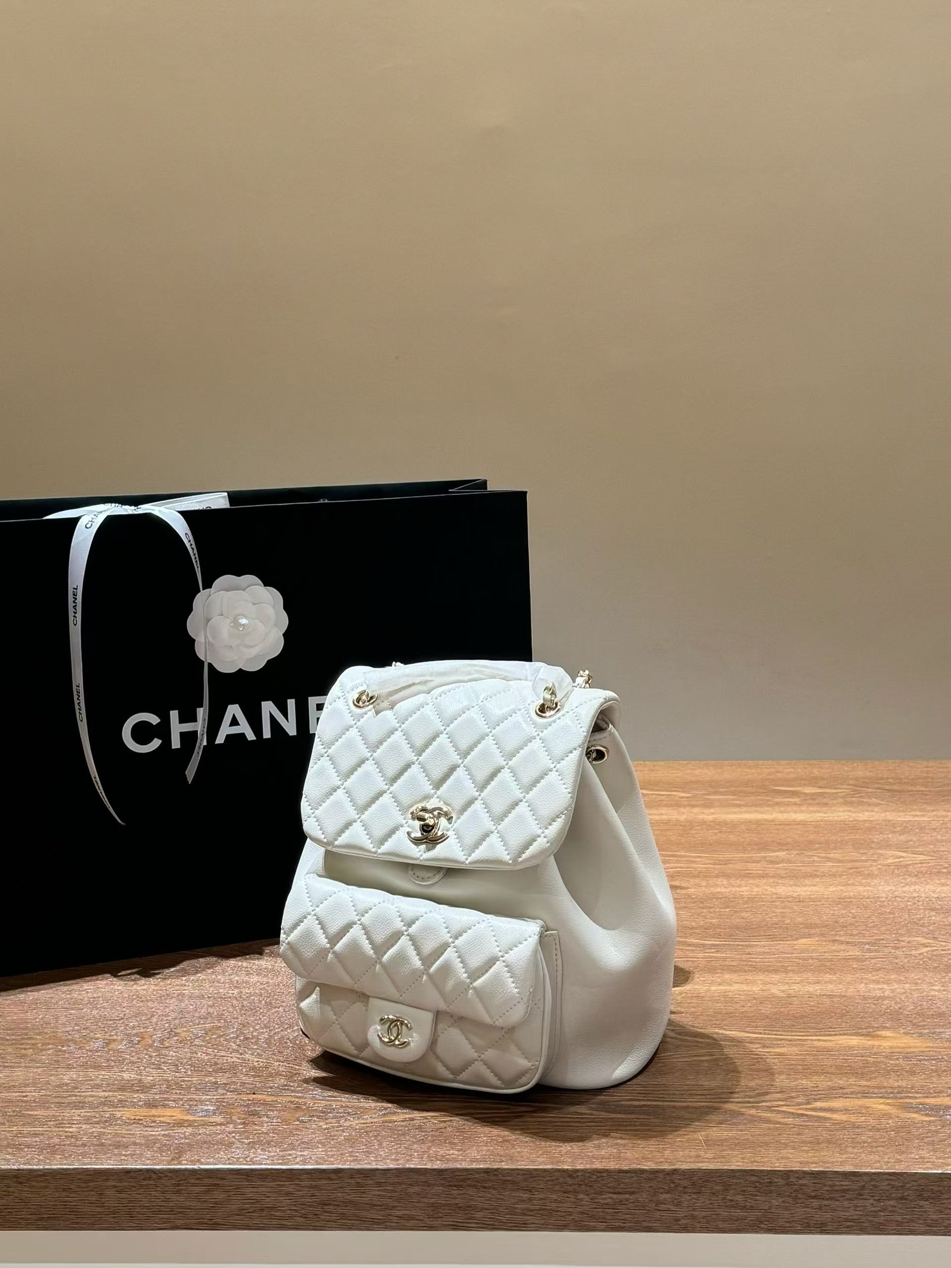 CC white leather cute backpack