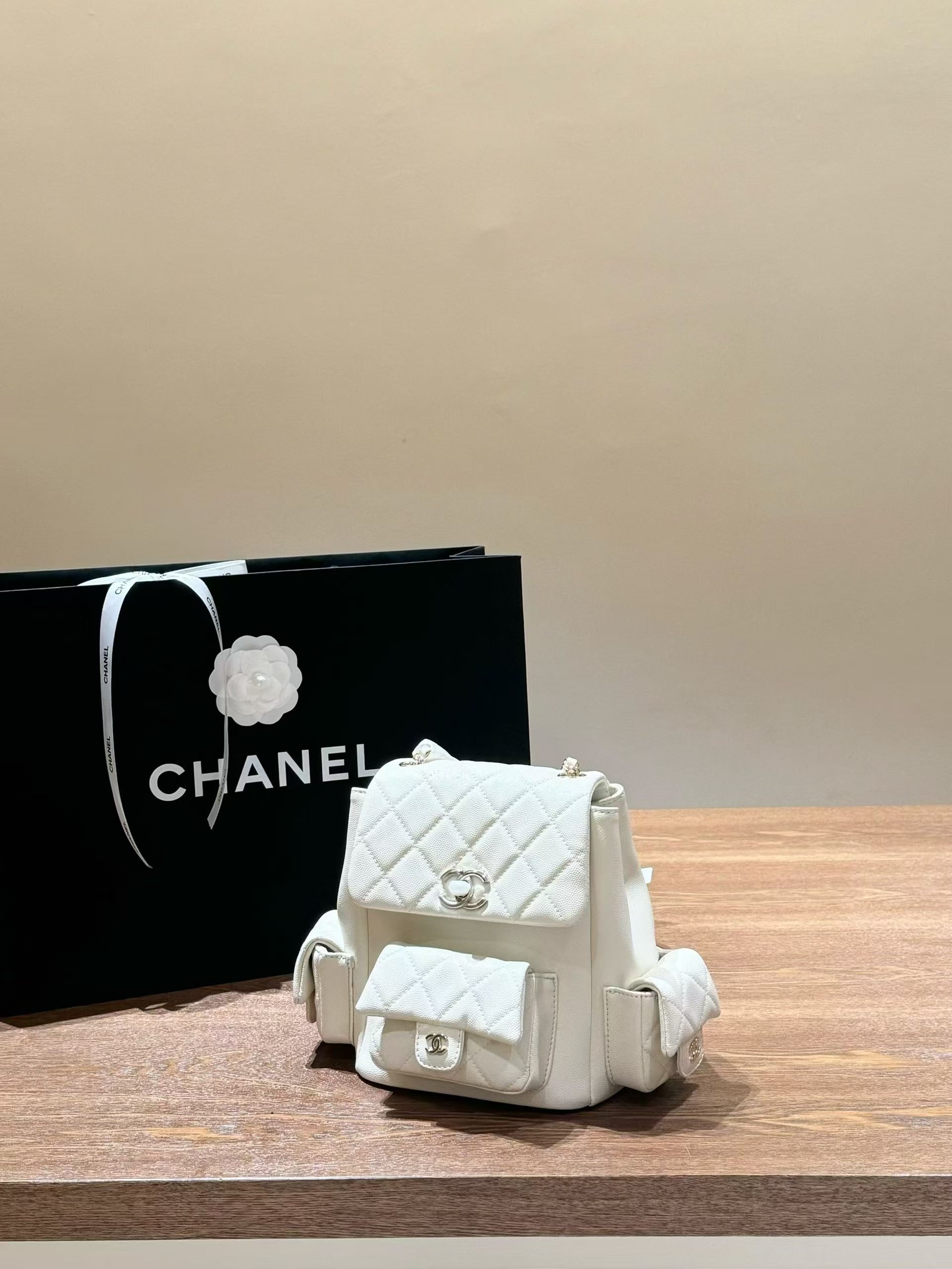 CC white leather cute backpack
