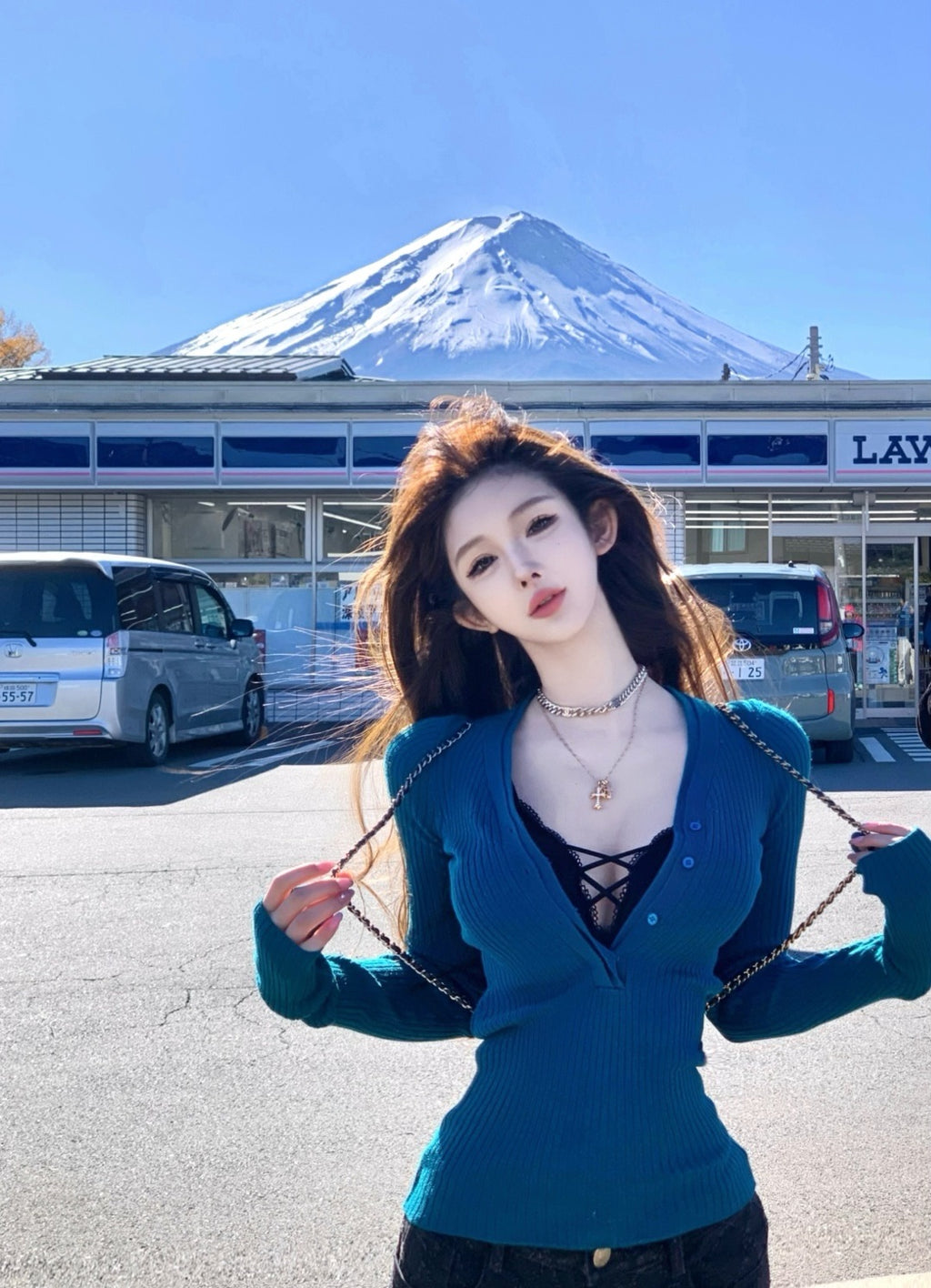 Blue cardigan top with black lace false two piece
