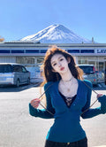 Blue cardigan top with black lace false two piece