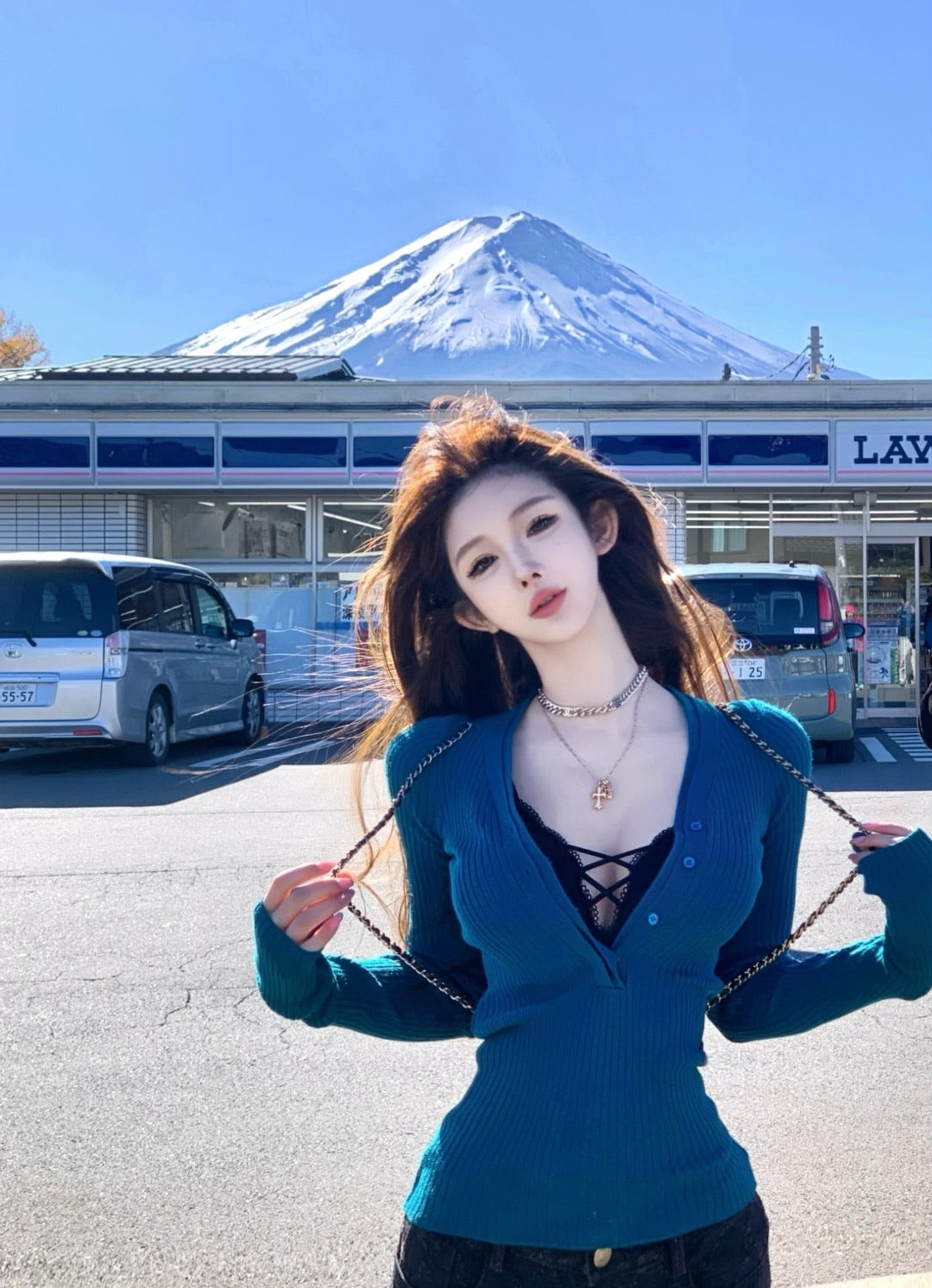 Blue cardigan top with black lace false two piece