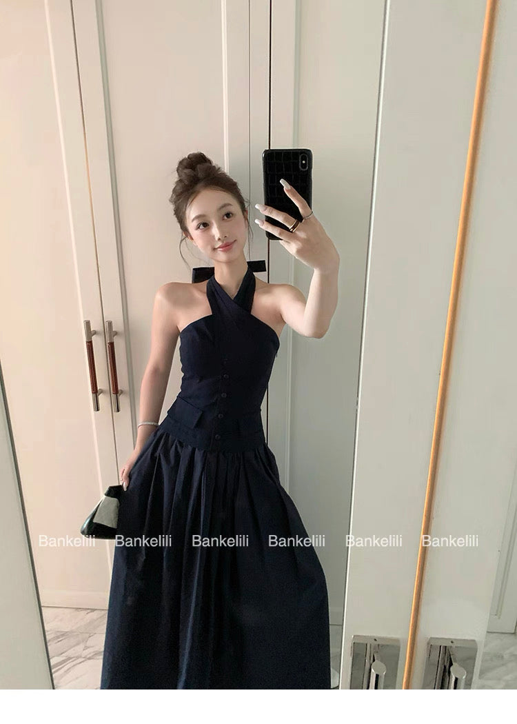 Black elegant cross over one piece formal dress