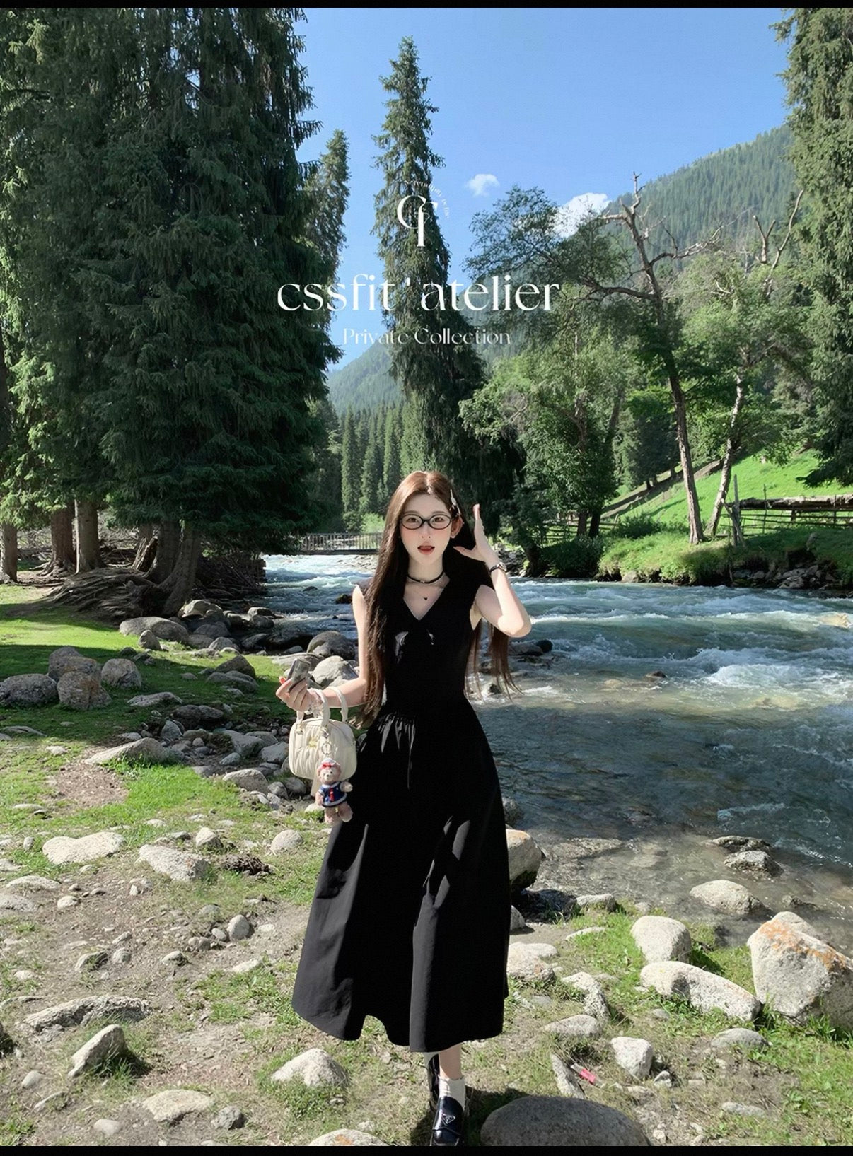Black ribbon long one piece casual dress