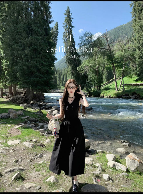 Black ribbon long one piece casual dress