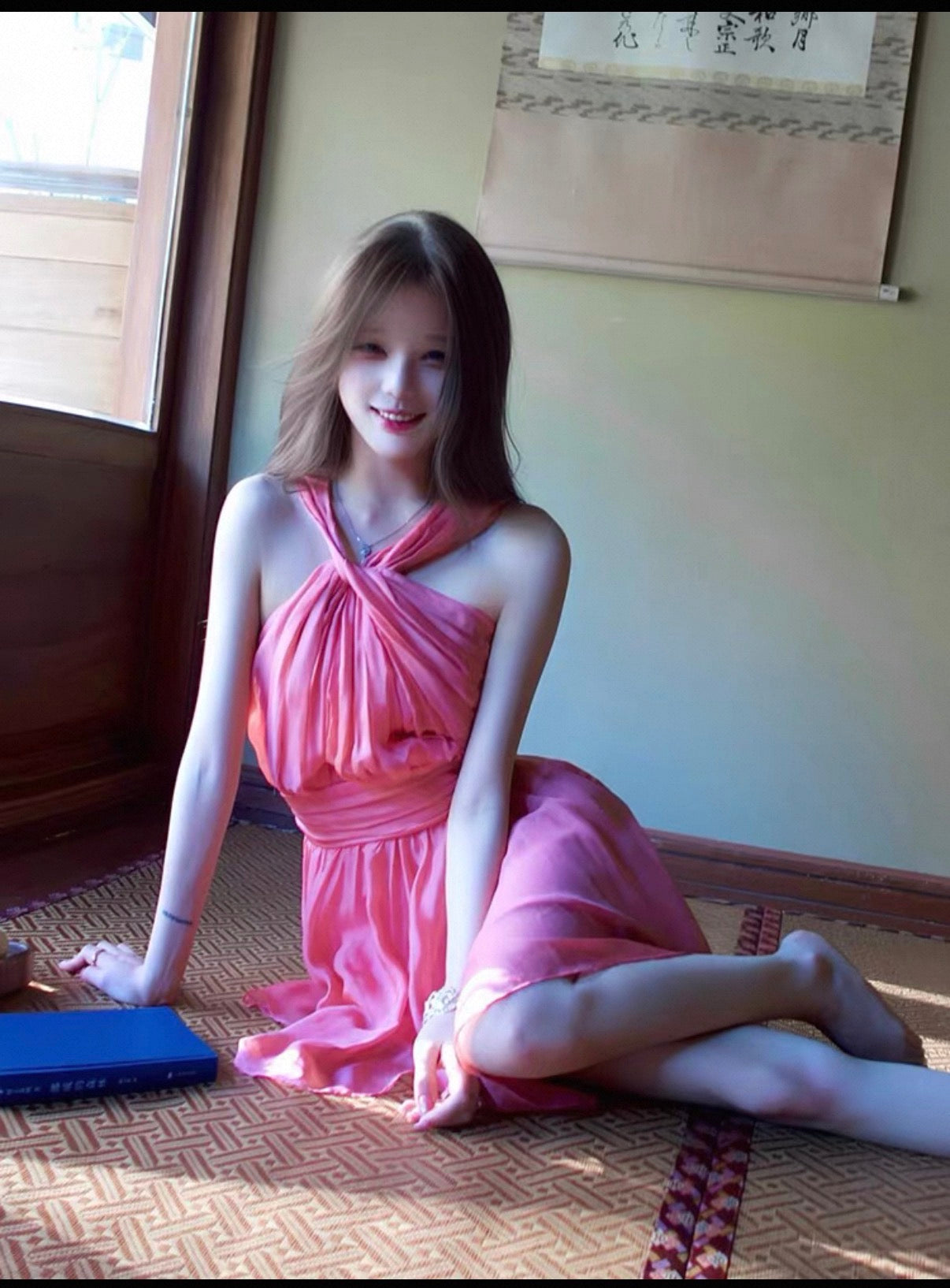 Coral elegant cross neck one piece soft dress