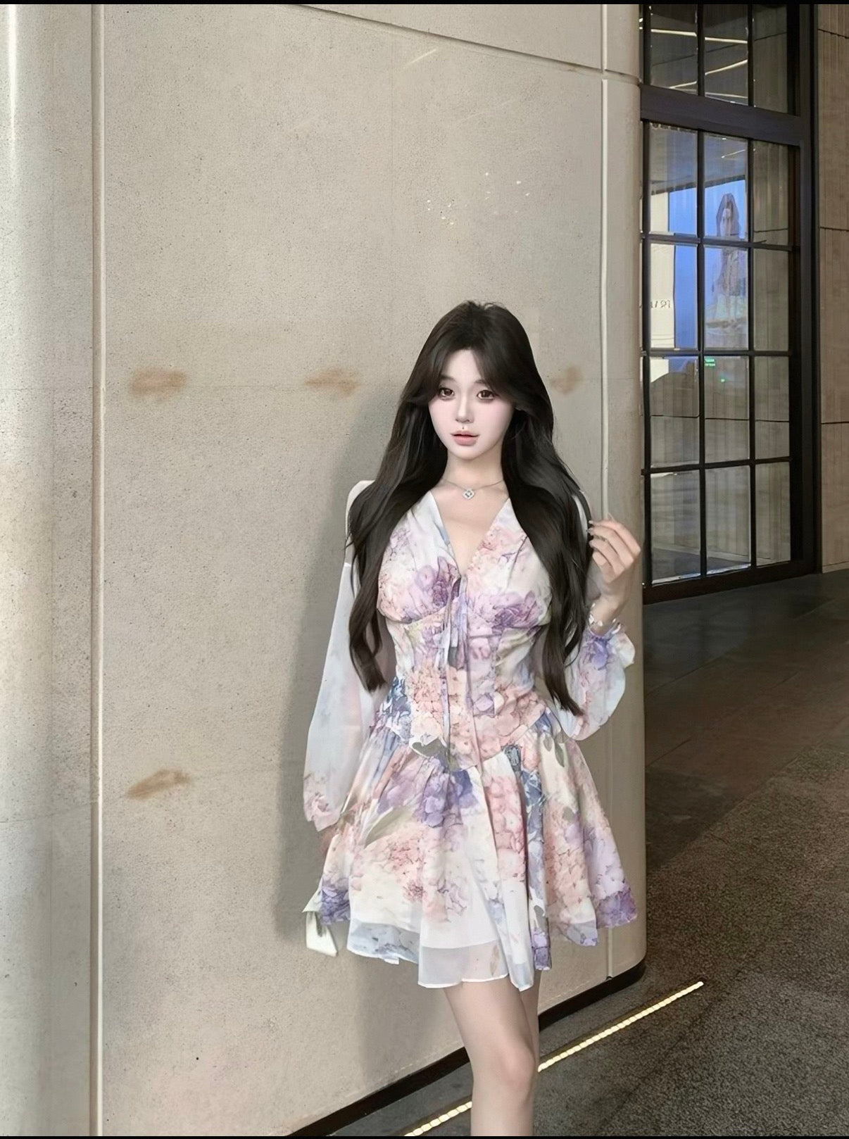 Floral one piece Korean style lilac dress