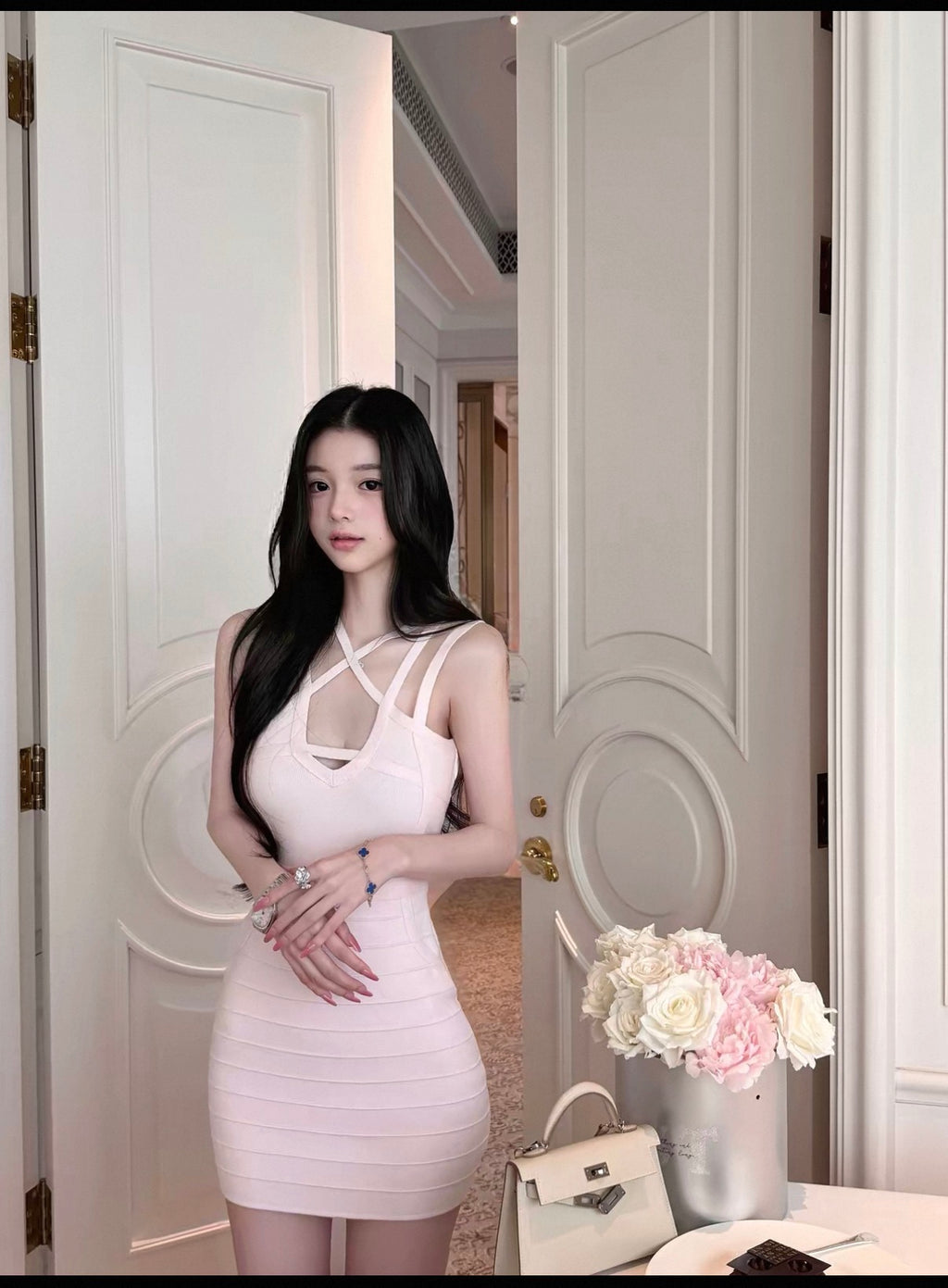 Pink sexy cross sleeveless one piece dress