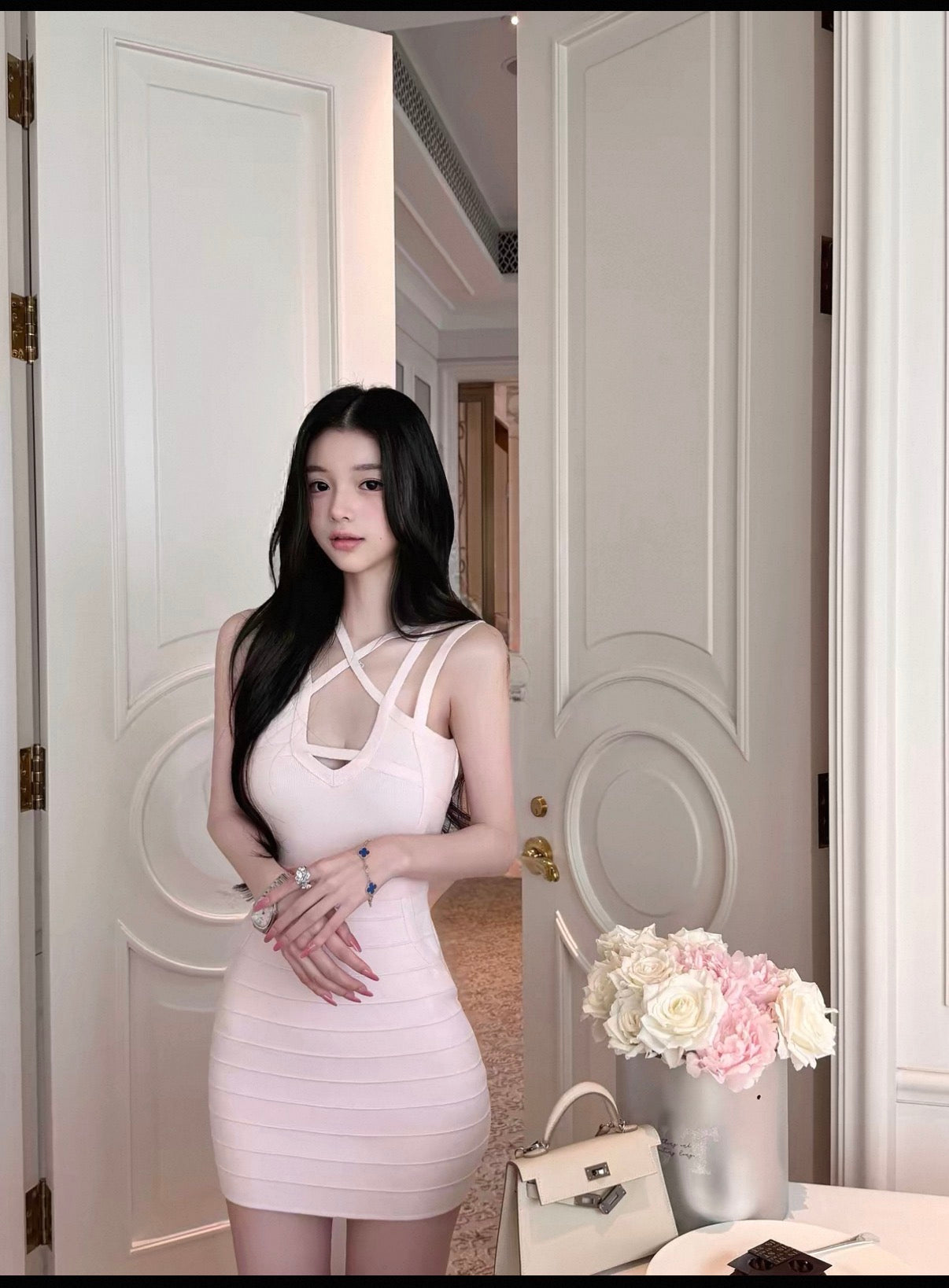 Pink sexy cross sleeveless one piece dress