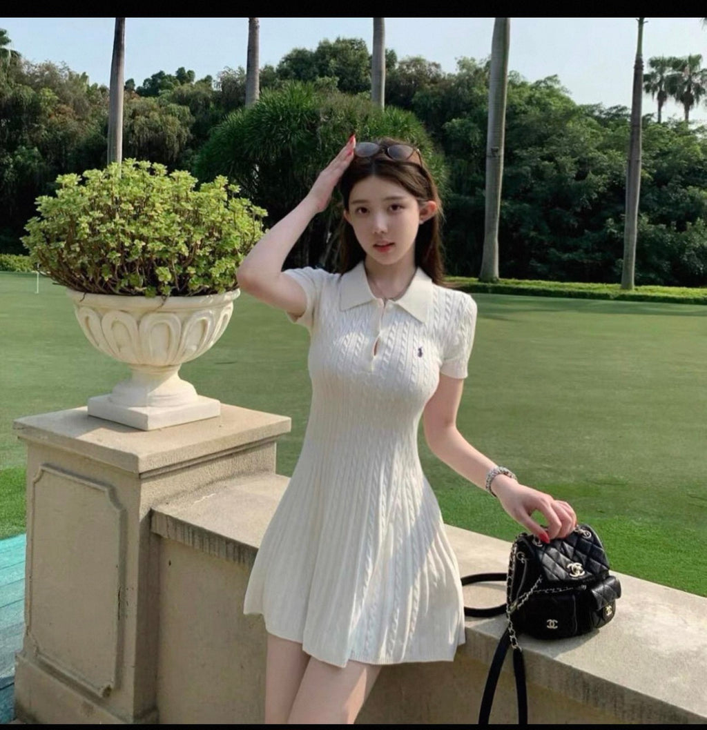 RL knitted cream short sleeve one piece dress