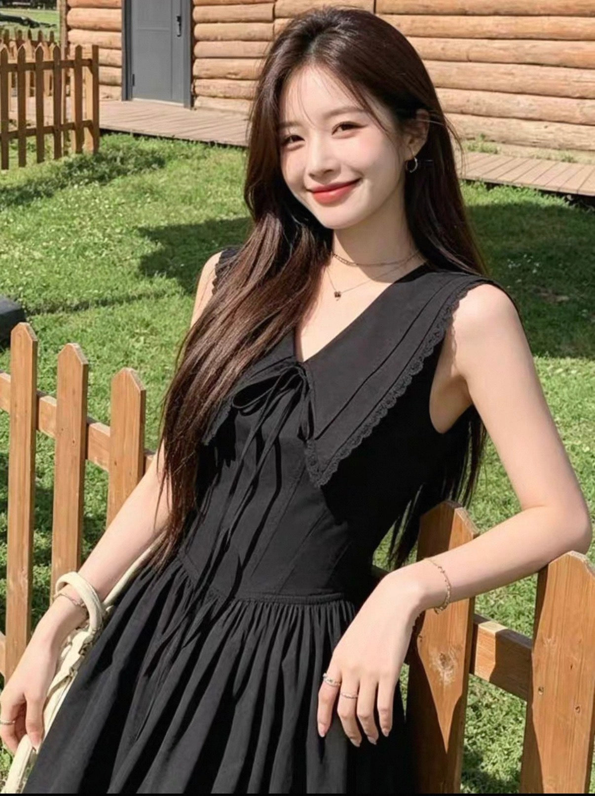 Black ribbon long one piece casual dress