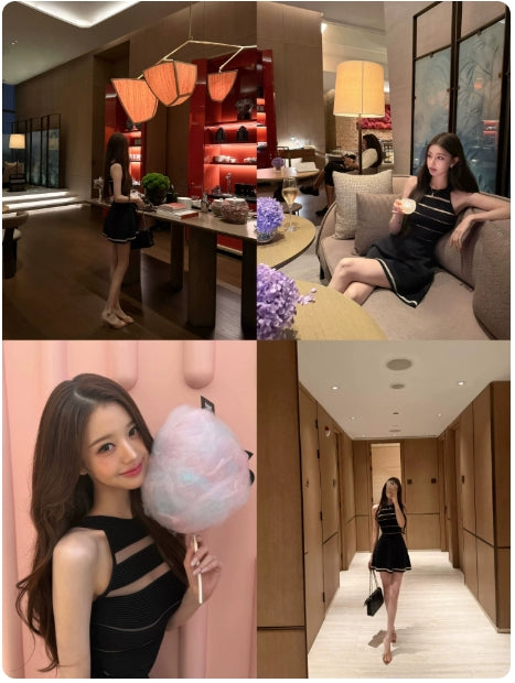Wonyoung Style Patchwork Stripe Knit Two-Tone Sleeveless Dress, Slim Fit A-Line Mini Dress for Women