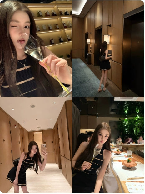 Wonyoung Style Patchwork Stripe Knit Two-Tone Sleeveless Dress, Slim Fit A-Line Mini Dress for Women