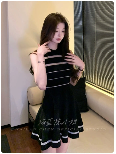 Wonyoung Style Patchwork Stripe Knit Two-Tone Sleeveless Dress, Slim Fit A-Line Mini Dress for Women