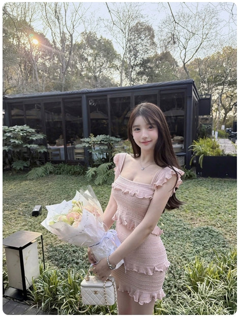 Korean innocent style pink Camisole Dress for Women Summer Ruffle Hem Elegant Bodycon set