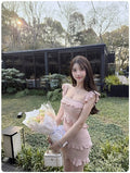 Korean innocent style pink Camisole Dress for Women Summer Ruffle Hem Elegant Bodycon set