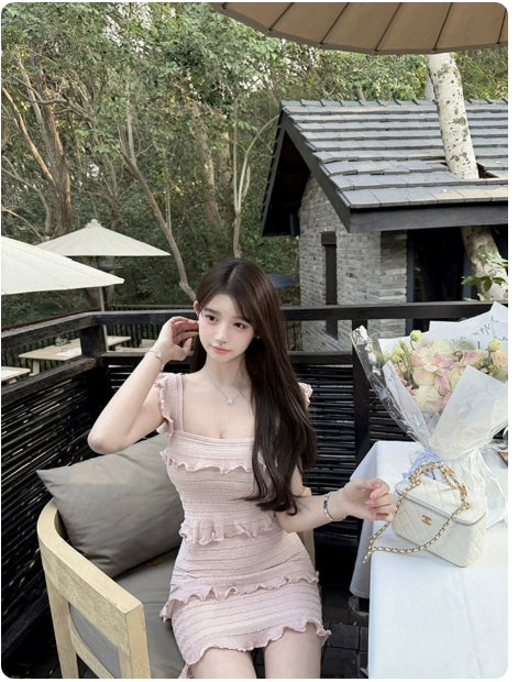 Korean innocent style pink Camisole Dress for Women Summer Ruffle Hem Elegant Bodycon set