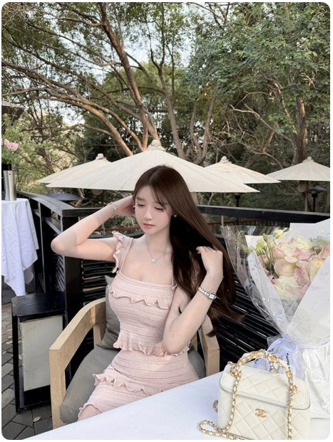 Korean innocent style pink Camisole Dress for Women Summer Ruffle Hem Elegant Bodycon set