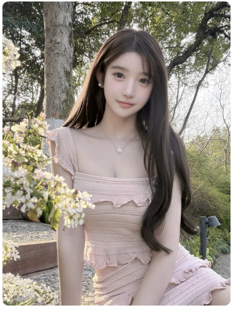 Korean innocent style pink Camisole Dress for Women Summer Ruffle Hem Elegant Bodycon set
